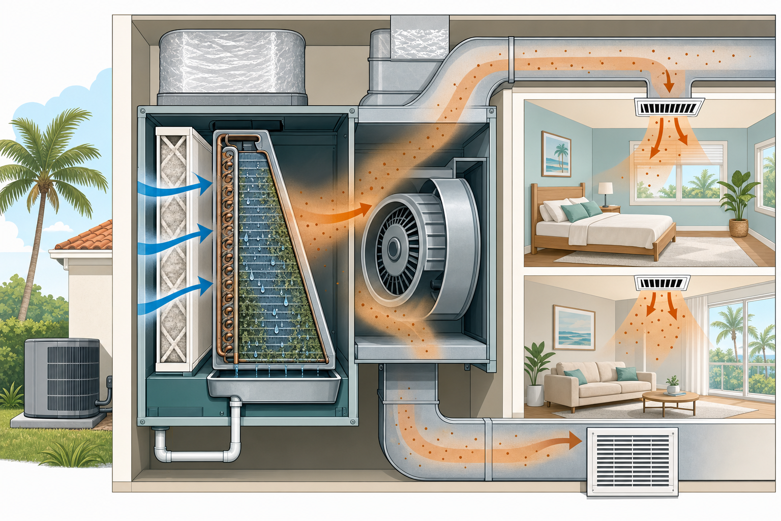 Cross-section of a residential air handler: filter, evaporator coil, blower and supply ducts.