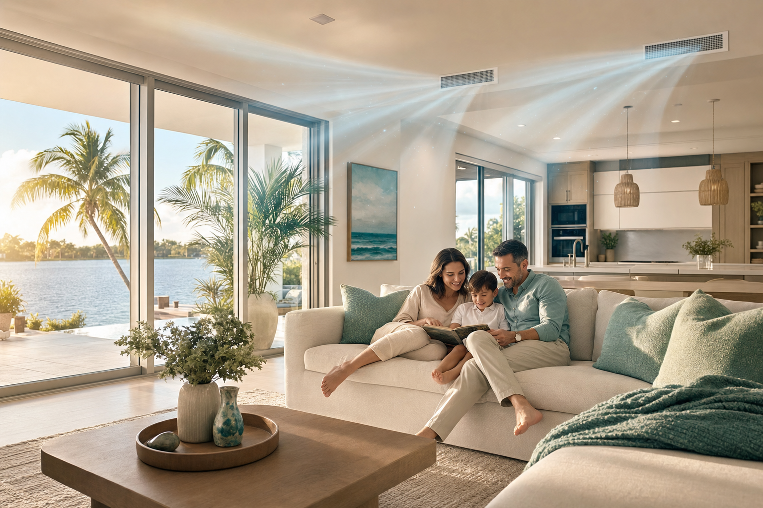 A bright Florida living room with a family relaxing.